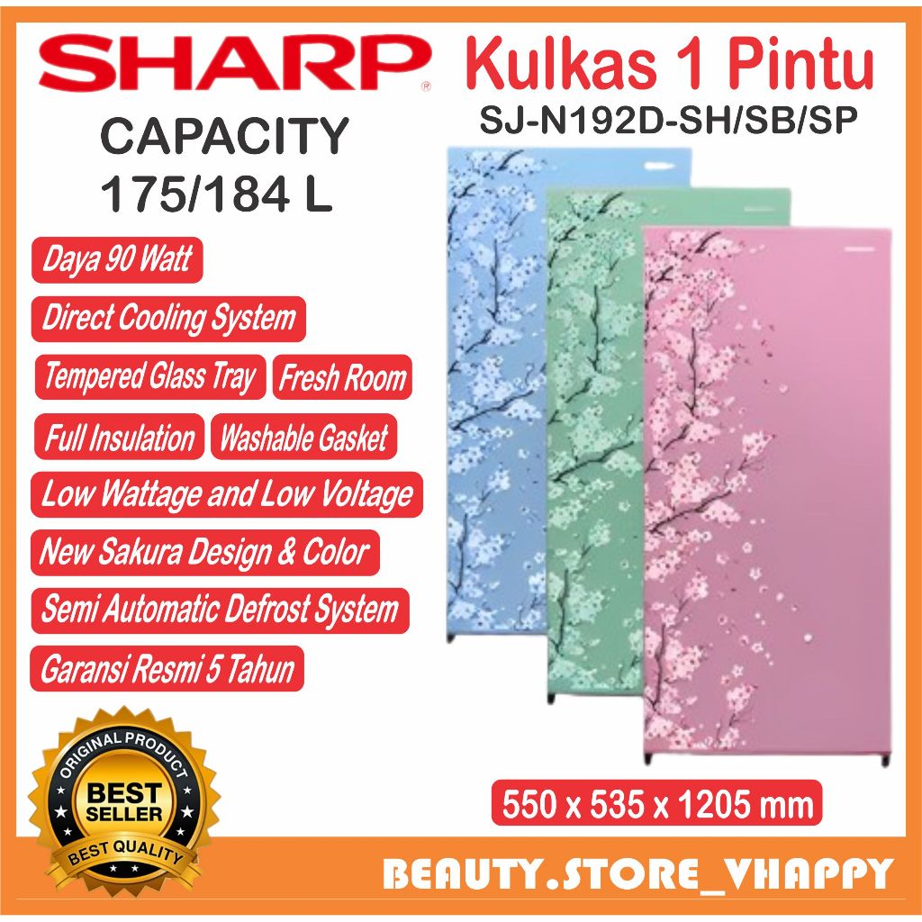 Kulkas 1 pintu SHARP 184 Liter SJ-N192-SH/SB/SP Garansi Resmi (Kota bandung dan Cimahi Bisa COD)