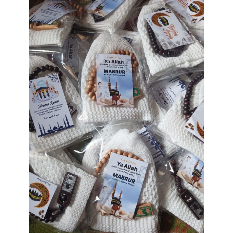 paket 10pcs / 20pcs (1 kodi) souvenir umroh dan haji peci rajut dewasa dan tasbih 33 termurah / gros