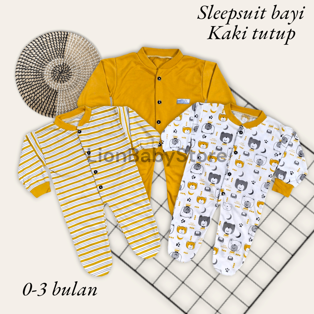 ISI 3 PCS Sleepsuit Bodysuit Baju Tidur Bayi 0-6 Bulan Varian tutup warna kuning mustard