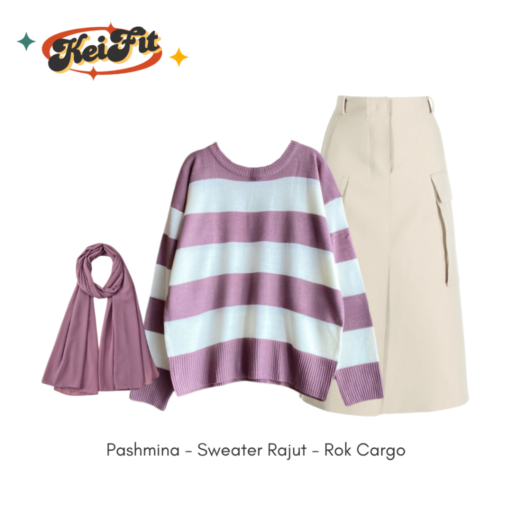 Mitha One Set | Outfit Korean Style | OOTD Hijab | OOTD | Sweater | Rok Cargo Putih |Pashmina
