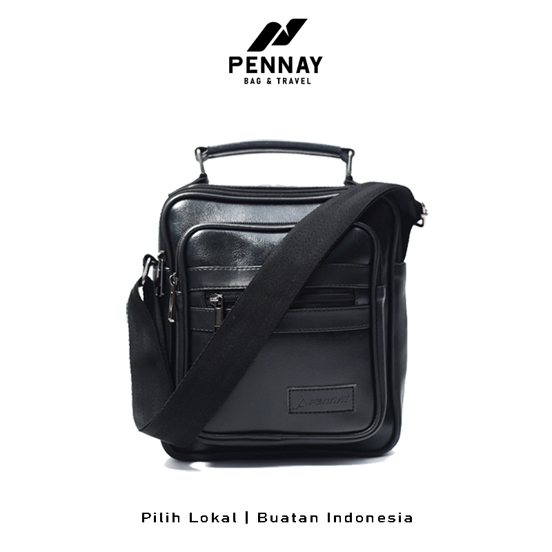 Pennay Man Velcro - Tas Selempang Pria Kulit Premium, Slingbag Crossbody Stylish & Casual Hitam