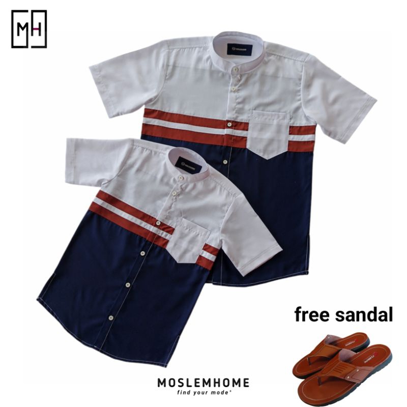 Baju Muslim Koko Couple Ayah dan Anak Kemko MH Kombinasi Warna Putih Navy Katun Toyobo ( Free Sandal