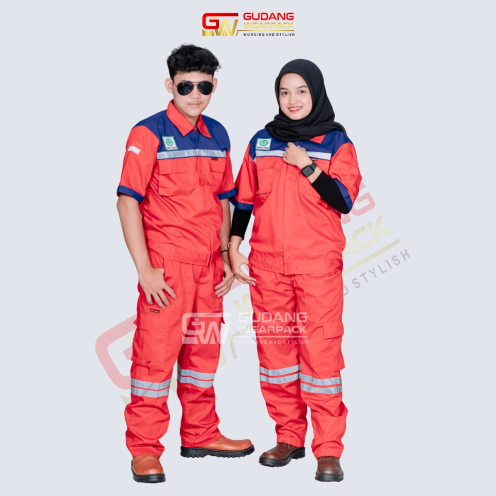 Setelan Wearpack (Baju Lengan Pendek dan Celana kerja) Warna Merah Benhur (1 set) - gudang wearpack