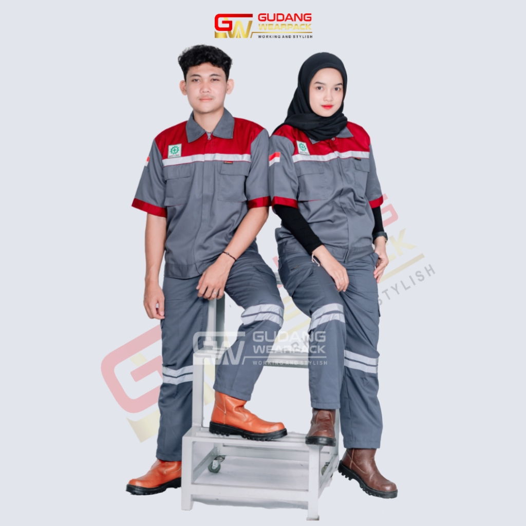 Setelan Wearpack (Baju Lengan Pendek dan Celana kerja) Warna Abu Maroon (1 set) - gudang wearpack