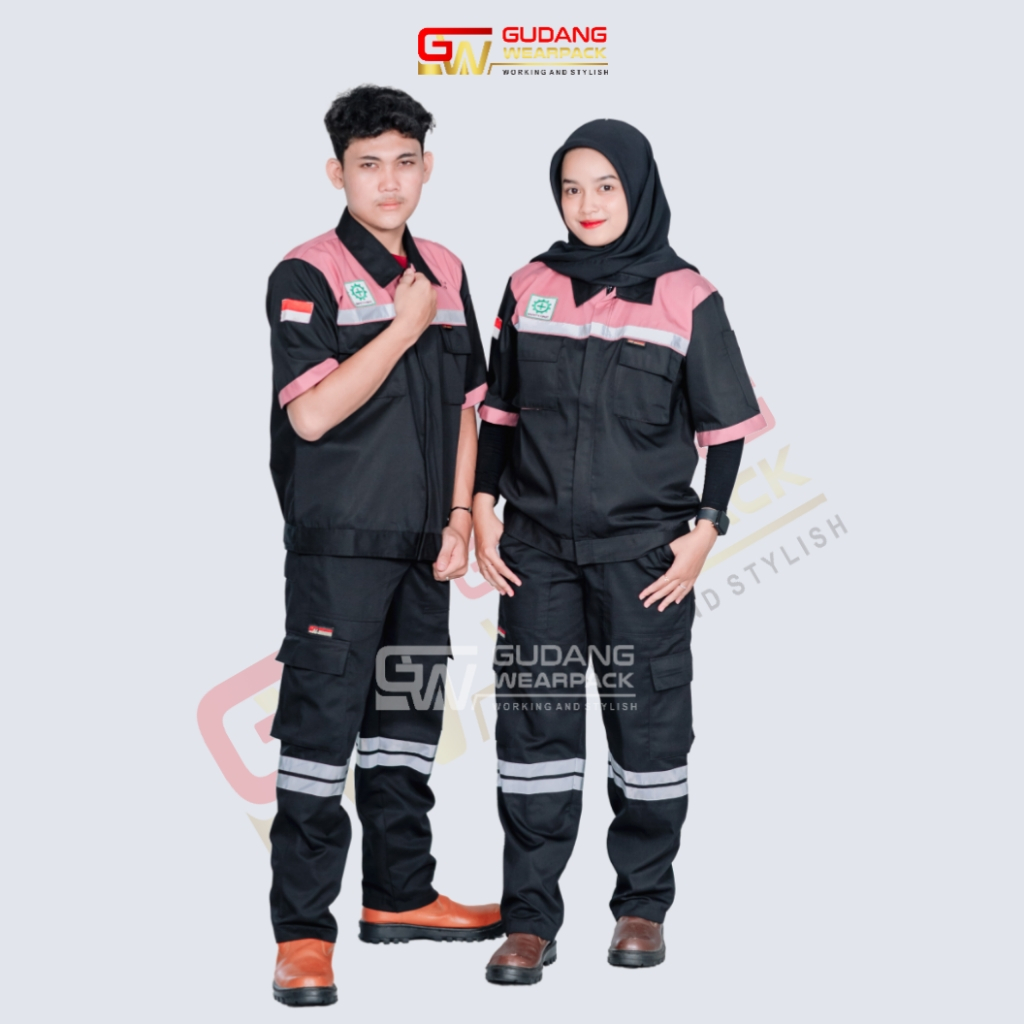 Setelan Wearpack (Baju Lengan Pendek dan Celana kerja) Warna Hitam Pink (1 set) - gudang wearpack