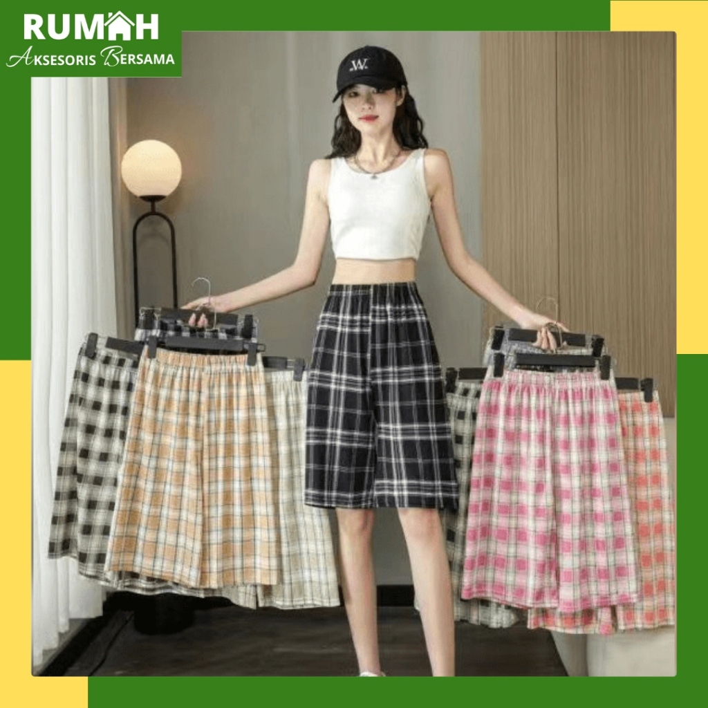 RAB CP477 Celana Pendek Tartan Celana Pendek Wanita Motif Kotak - Kotak Casual Korean Style