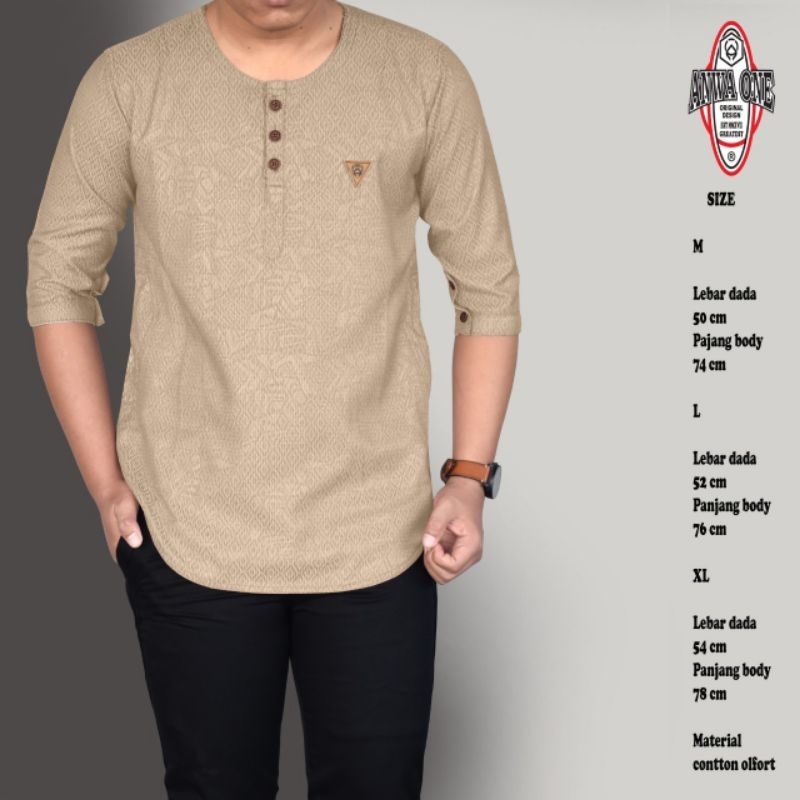 Baju Koko Kurta Pria Lengan 3/4 Terbaru Original Anwa One,Baju Koko Kurta Anwa One Terbaru Motif Emb