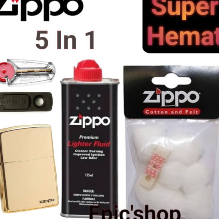 DISKON BESAR Promo Paket Super Hemat Minyak Zippo Original 125ml  Kapas  Korek Roda Api Free Batu 6p