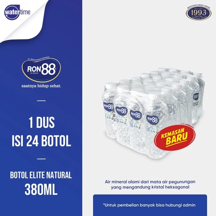 

AIR MINERAL RON 88 KEMASAN BOTOL 380 ML 1 DUS ISI 24 PCS