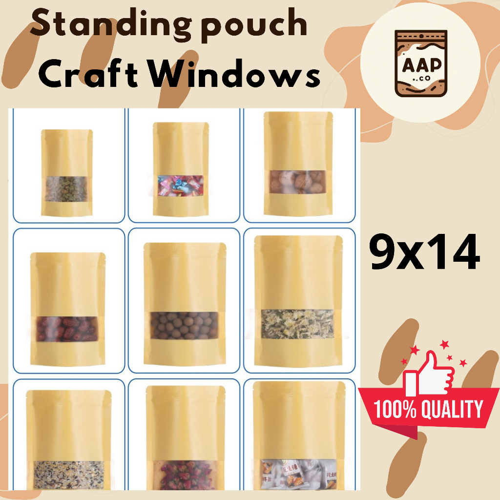 STANDING POUCH KRAFT KOPI/STANDING POUCH COKLAT/STANDING POUCH PAPER WINDOW COKLAT UKURAN 9X14