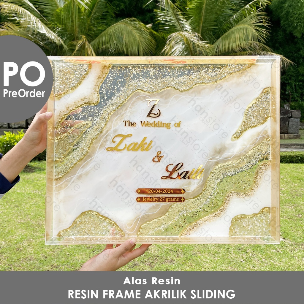 PO 20 / 25 / 30 / 40 / 50 / 60 cm BOX Frame Resin White & Gold custom Nama Akrilik  / Mahar Resin ar