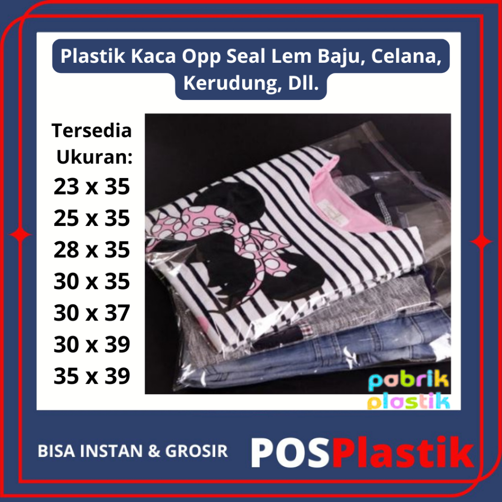 

JKT OPP LEM PLASTIK KACA 23x35 25x35 28x35 30x35 30x37 30x39 35x39 25x35 28x35 30x35 30x37 30x39 35x39 Baju,Celana,DVD,Bakery,Undangan,Roti,Amplop(Isi 100 Lembar)