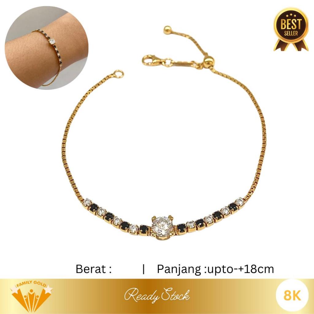 Gelang Emas Kadar 8K Model Solitaire Black White Serut Adjustable Family Gold
