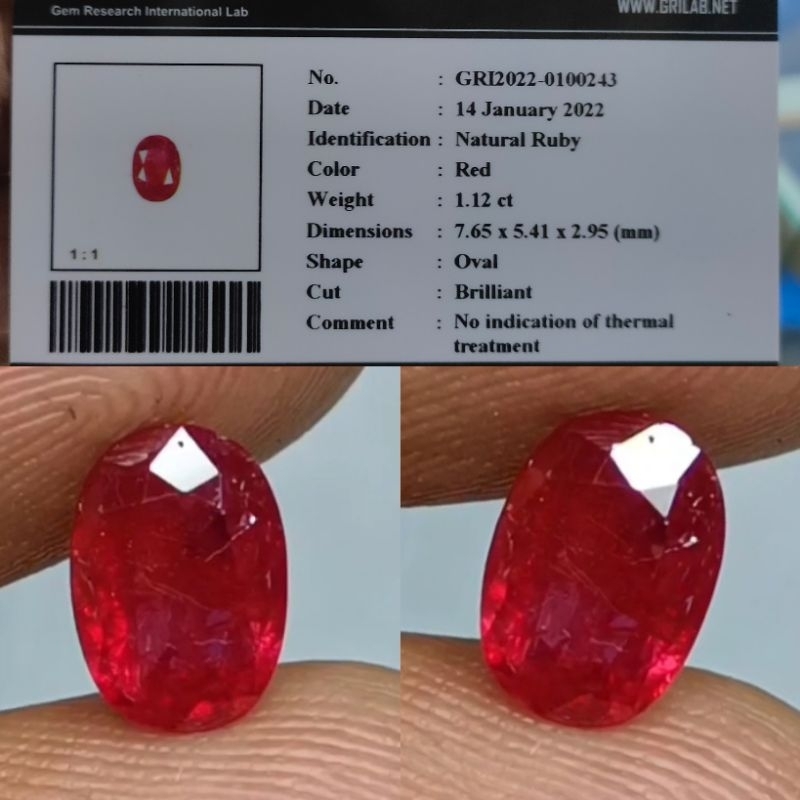 NATURAL TOP COLOR RED RUBY NO HEATED GRI 1,12ct