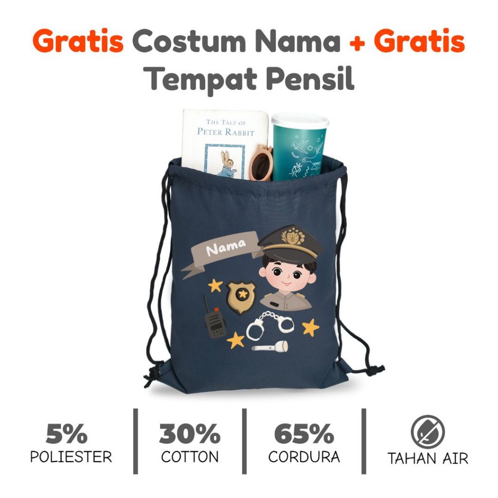 Mieekid's - Tas Serut Sekolah Anak Laki-Laki || Karakter Polisi FREE CUSTOM NAMA
