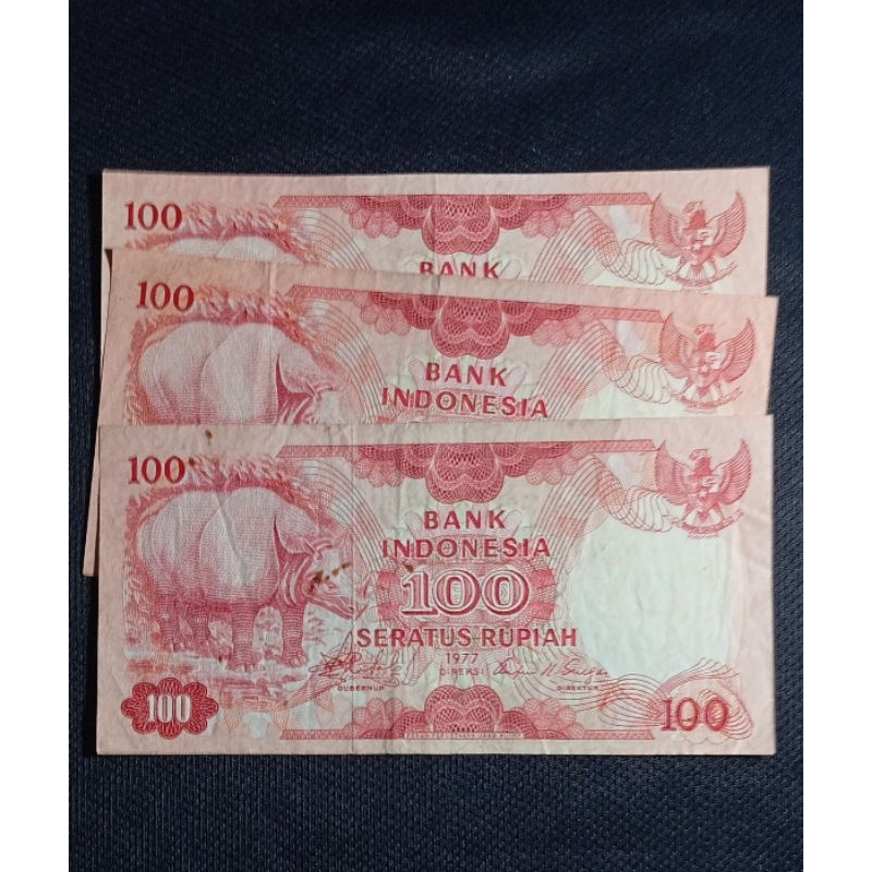 uang kuno 100 badak tahun 1977 pernah pakai kertas masih bagus