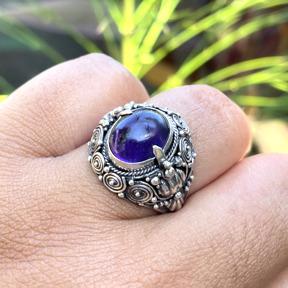 Cincin Ring Perak Silver bali 925 Ukir Manuk Batu Amethyst Kecubung Etnik pria wanita custom Elegant
