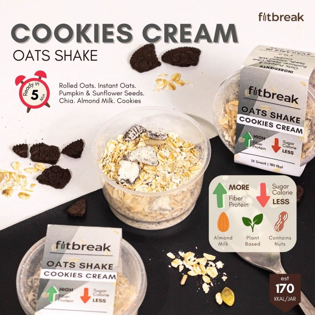 

Cookies Cream Oats Shake Fitbreak Overnight Oats/ Snack Sehat/ Oatmeal/ Rendah gula/ Rendah Kalori/ Tinggi Serat/ Sarapan untuk pemula