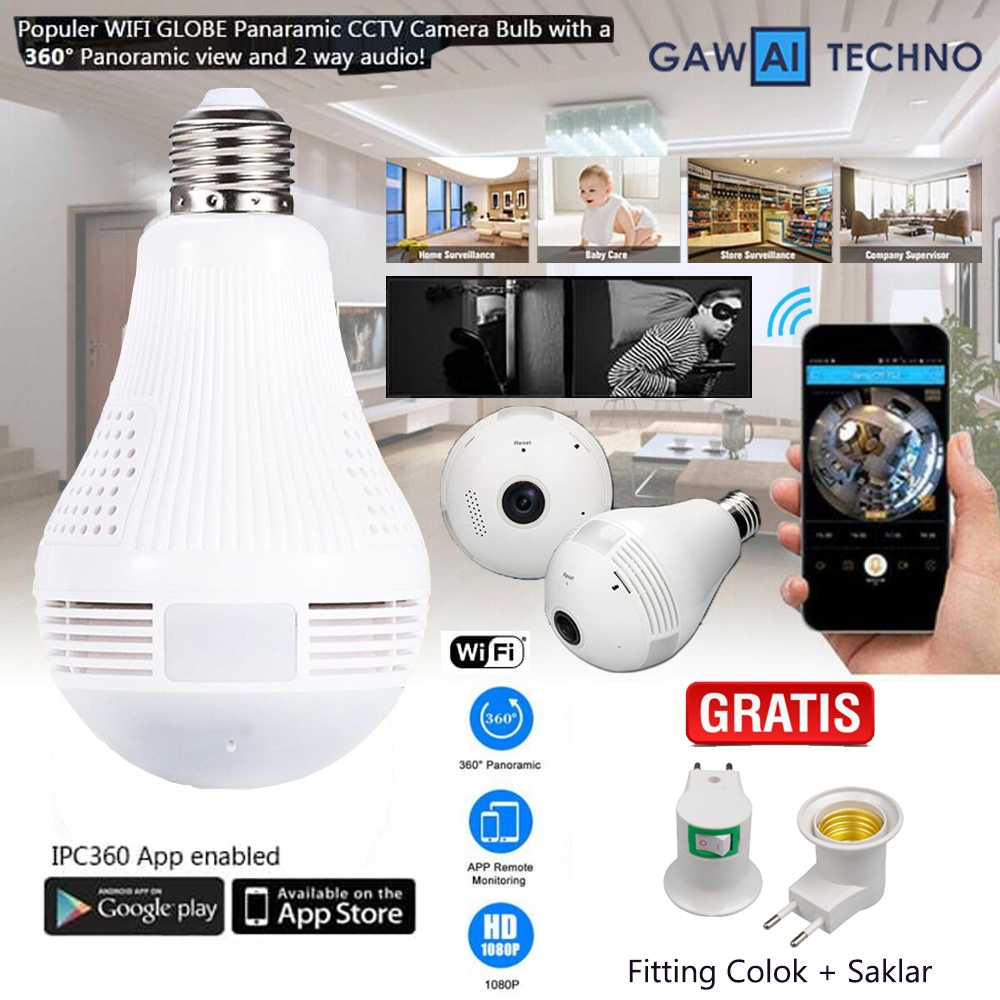 IP Camera CCTV 360 Bohlam Lampu P12 V2 Untuk Hp Mini Wifi Wireless Kamera Panoramic Security Camera 