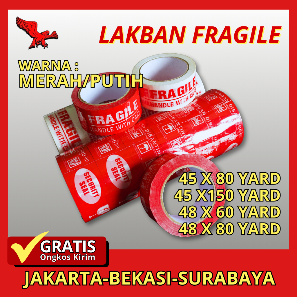 

Lakban Packing Fragile merah, putih, Lakban olshop orange, hijau. 45cm.48cm 80 yard,90 yard,100 yard full meter