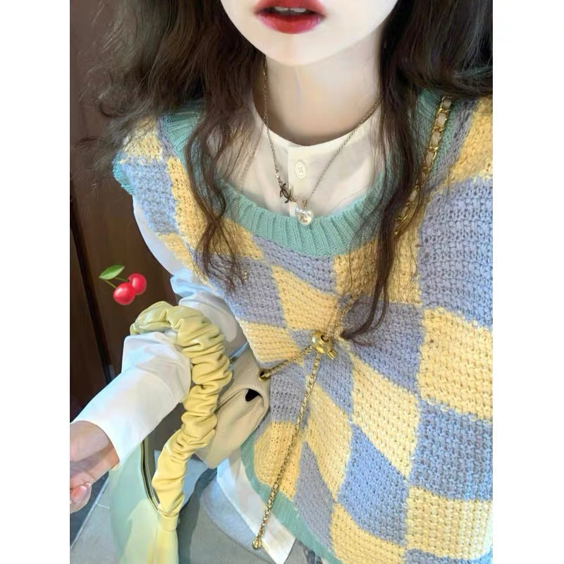 CHIZU VEST Vest Rompi Wanita Kotak Kotak Vest Rajut Korean Style Pastel Kuning Ungu Hijau