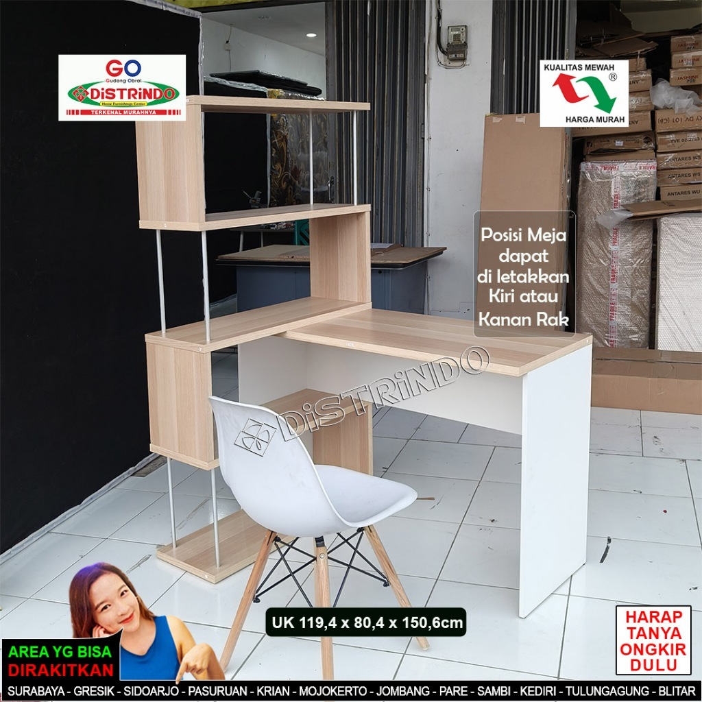 DISTRINDO Meja Belajar / Meja Kerja Minimalis dengan Rak Buku