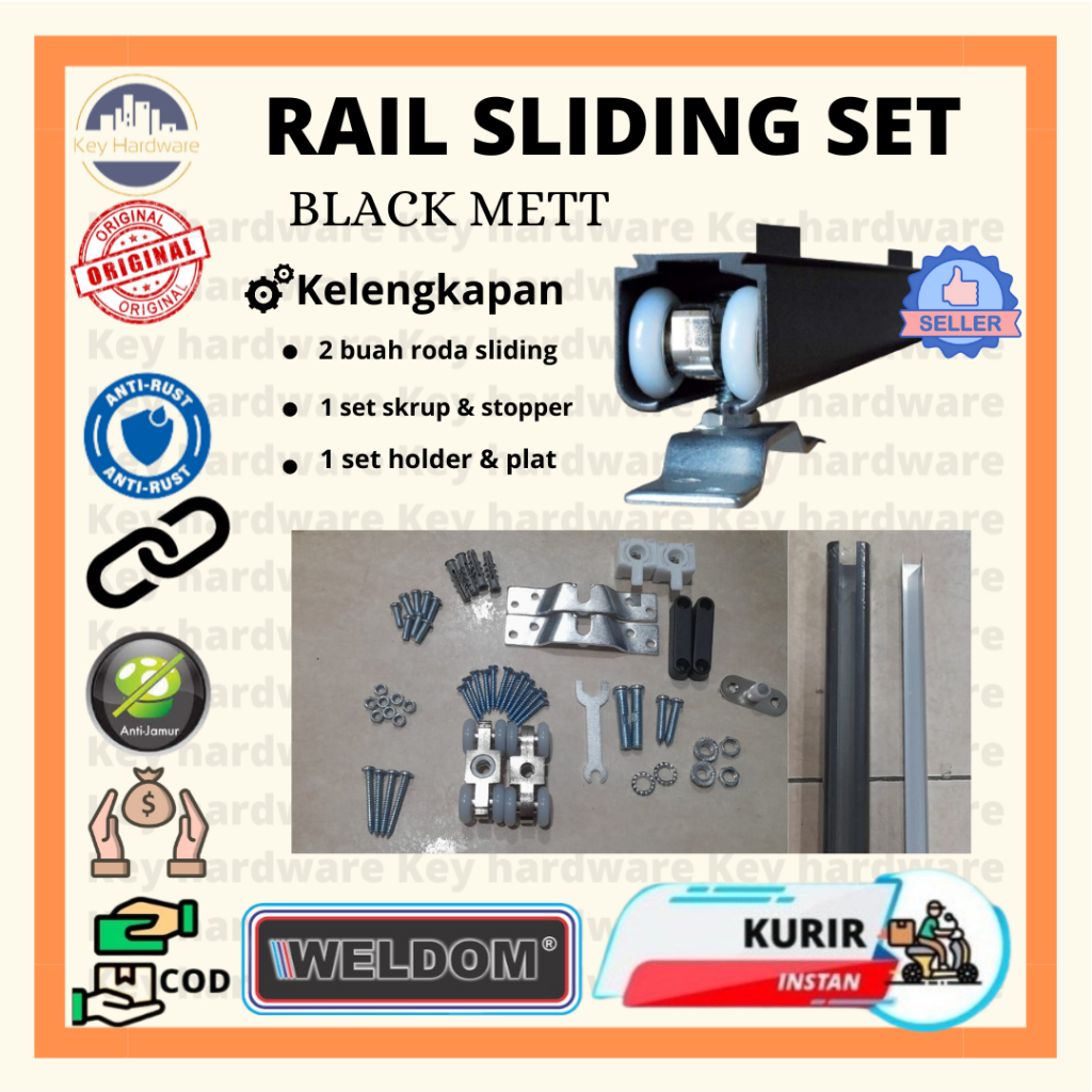 Rail Sliding Gantung Aluminium/ Rel Pintu Kayu Geser BLACK - WELDOM