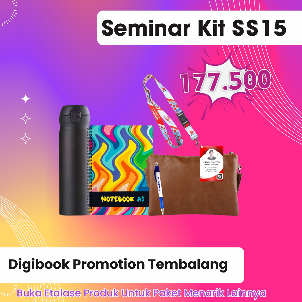 

Pouch Kombinasi imitasi, Tumbler TC202, Pulpen Sablon, Hard Cover Notebook A5, paket lanyard | Custom paket Seminar Kit isi 5 | SS15