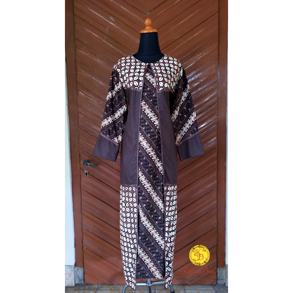 Gamis Batik Cap Sogan Kombinasi Polos