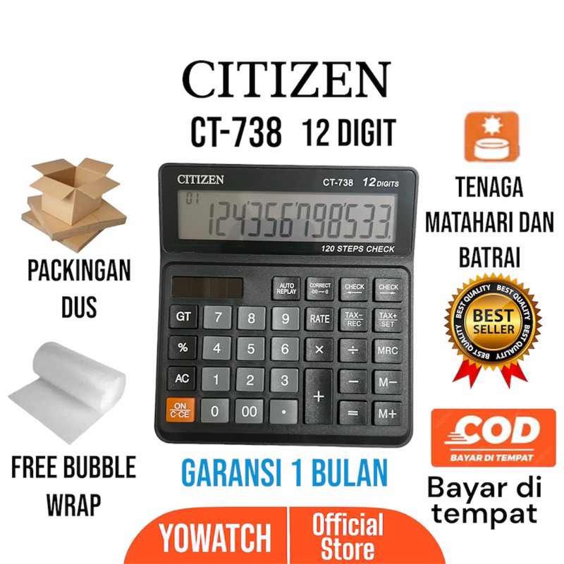 

Kalkulator ClTlZEN Ct-738 | Kalkulator Alat Hitung,Meja,Warung dan Kantor | 12 Digit Bahan Tebal dan Tombol Halus