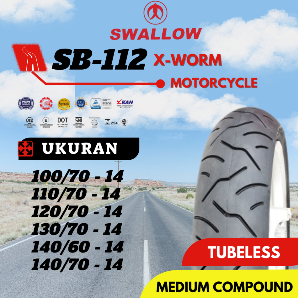 Ban Motor Swallow SB-112 X-WORM 100/70 110/70 120/70 130/70 140/60 140/70 Ring 14 Tubless