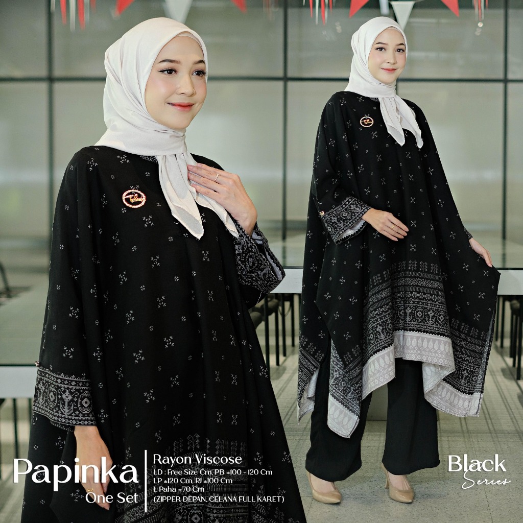 Papinka Setelan Wanita Muslim Rayon Viscose Mix Airflow Motif Batik Kombinasi Polos