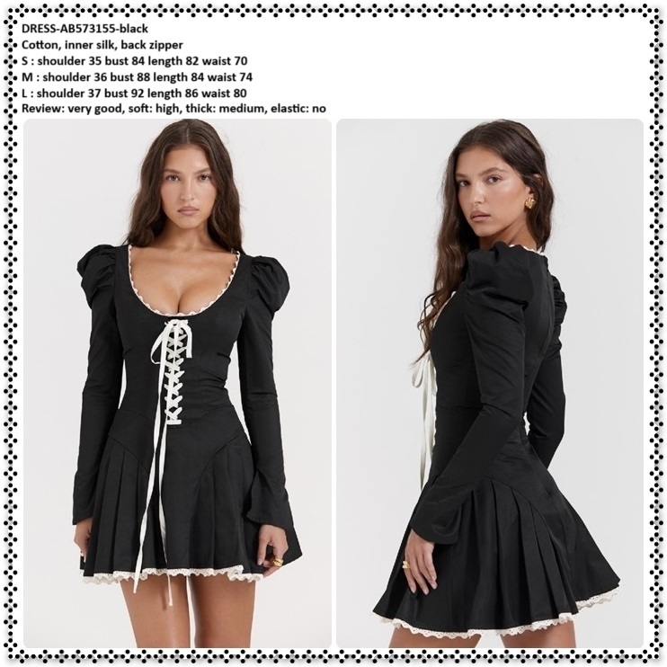 AB573155 Sexy Maid Cosplay Mini Dress Pita Lengan Panjang Wanita Korea Import Hitam Black