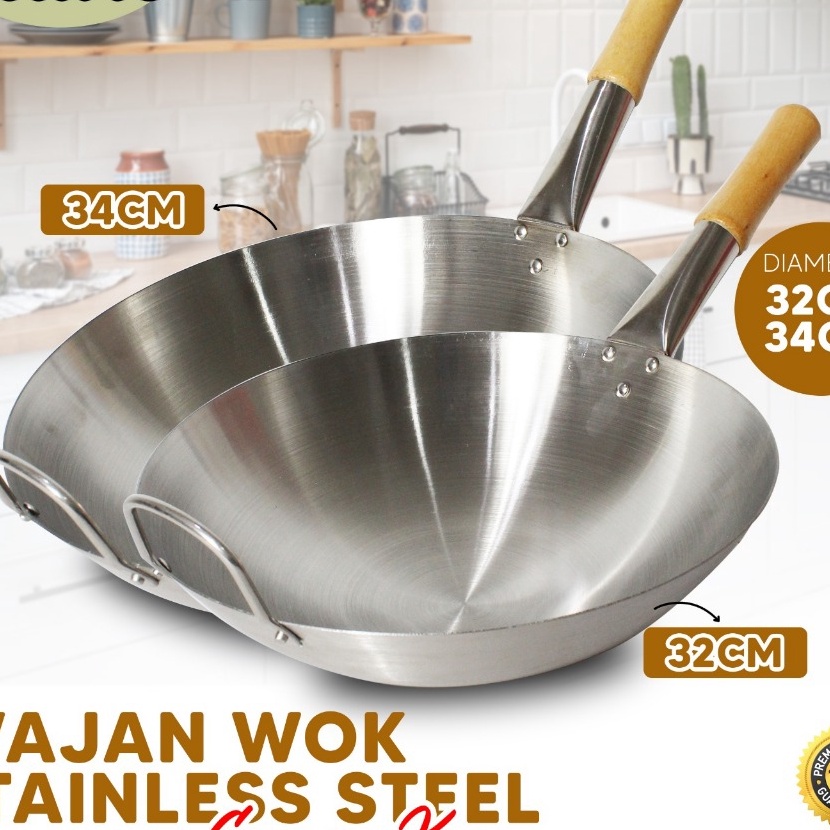 FG2 Wajan Stainless Steel Gagang Kayu Anti Panas  Wajan Stainless Steel Gagang Kayu Anti Lengket  Wa