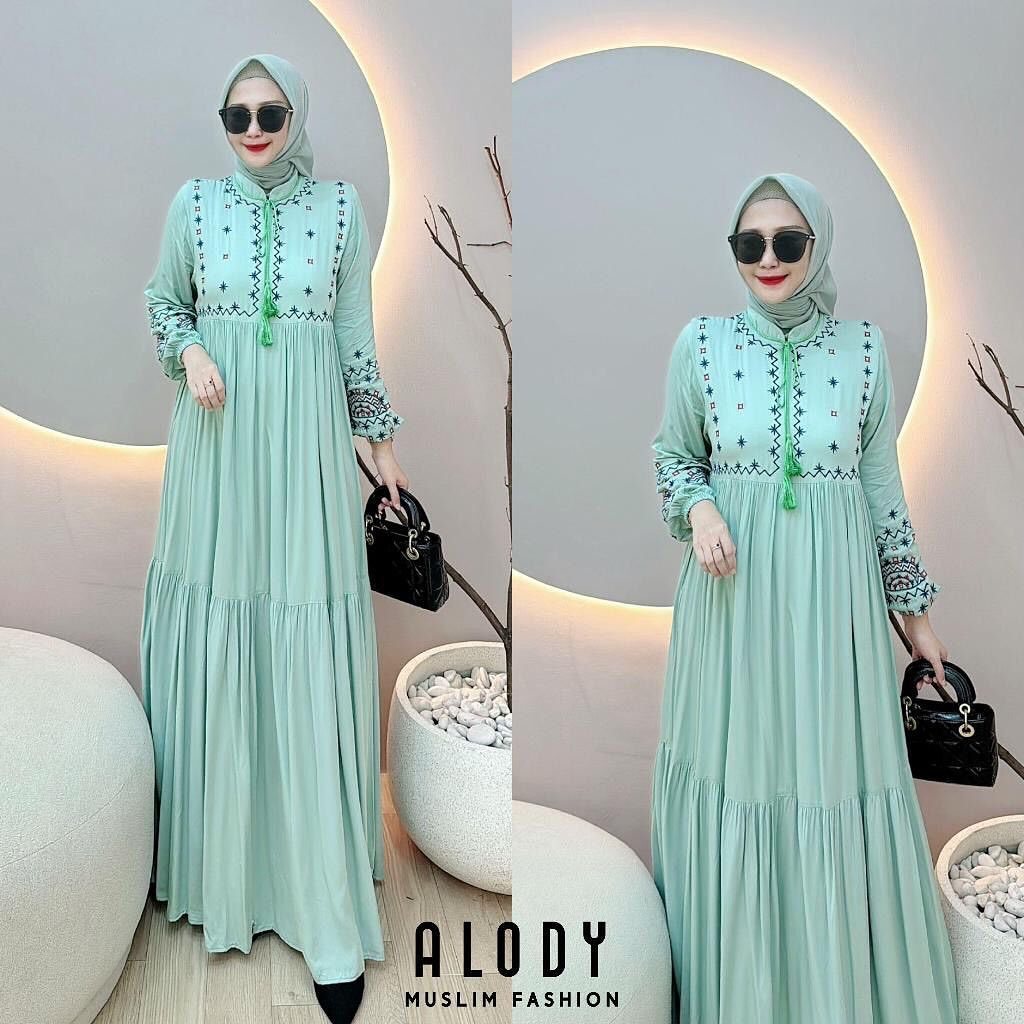 gamis putih wanita kekinian premium Alody Dress katun twill aplikasi bordir gamis bordir terbaru2024