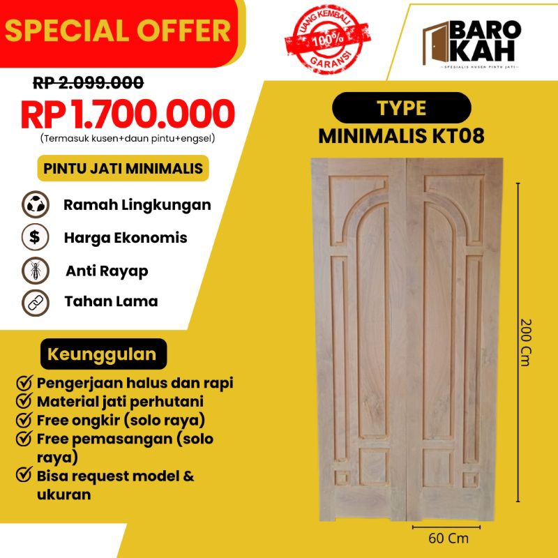 Satu set pintu Kupu Tarung Jati Minimalis(kusen+pintu) TYPE Minimalis KTJ08 || 120×200 Cm