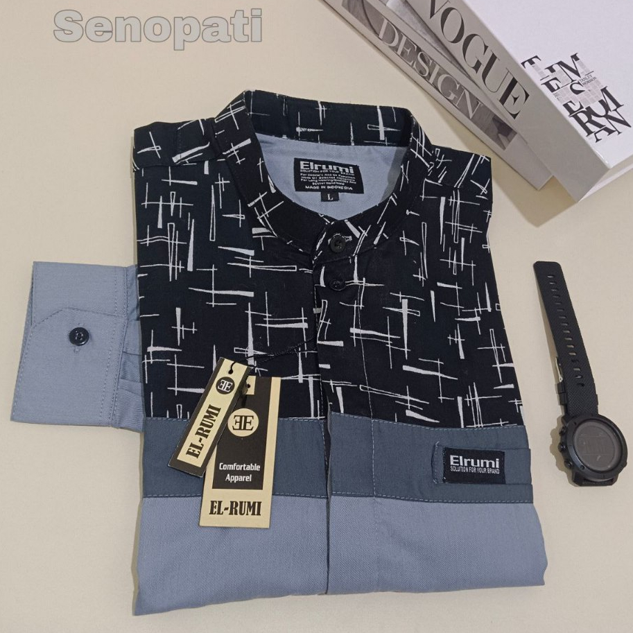 Baju Koko Dewasa Original Elrumi Motif Senopati Lengan Panjang Kombinasi Batik