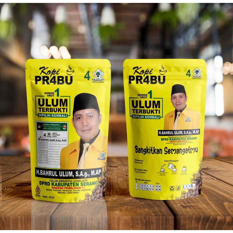 

KOPI ROBUSTA KEMASAN CUSTOM KETUA DEWAN KAB SERANG H BAHRUL ULUM, HJ IDA ROSIDA LUTFI, SARIFAH AINUN JARIYAH