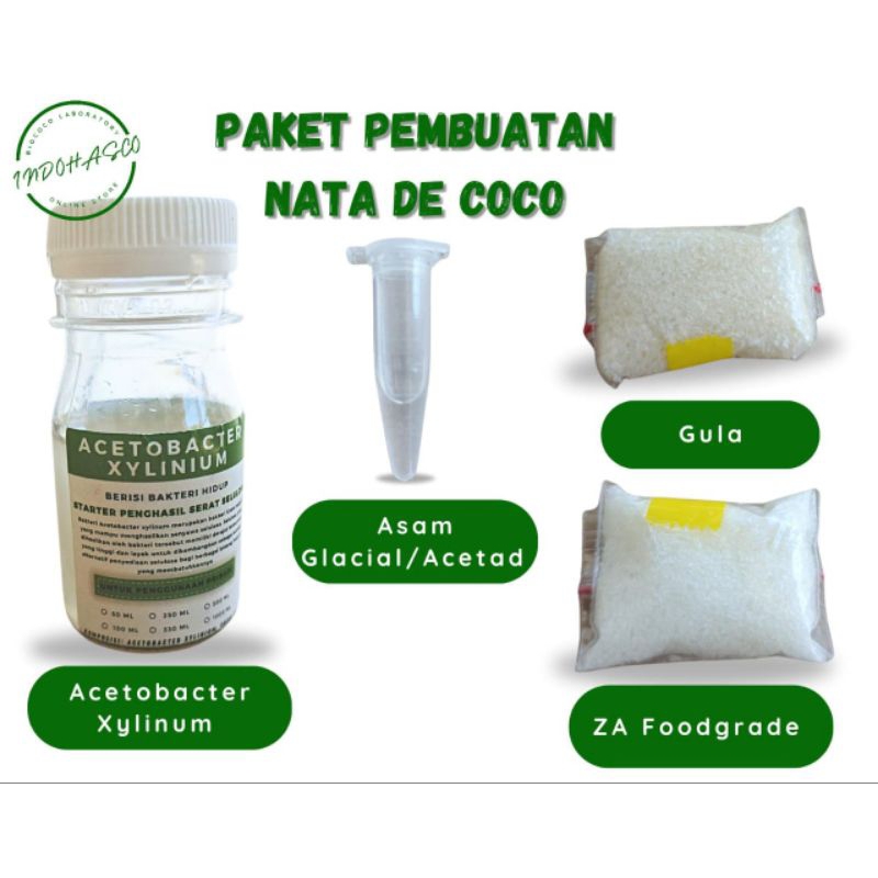 

PAKET PEMBUATAN NATA DE COCO- Acetobacter Xylinium, ZA Foodgrade, Asam Glacial dan Gula