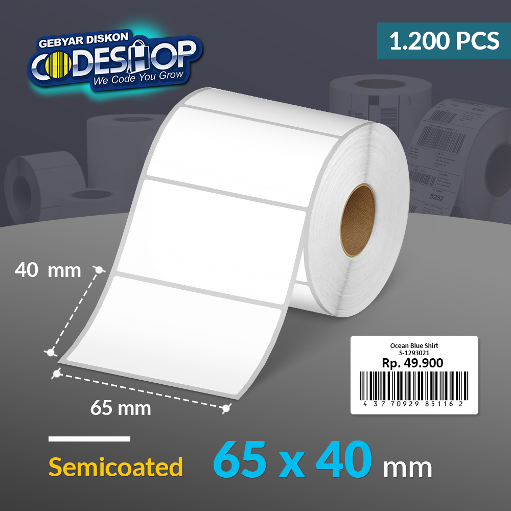 

Codeshop Label Semicoated 65 x 40 mm 1 Line Stiker Printer Barcode Core 1 Inch Isi 1.200 Pcs
