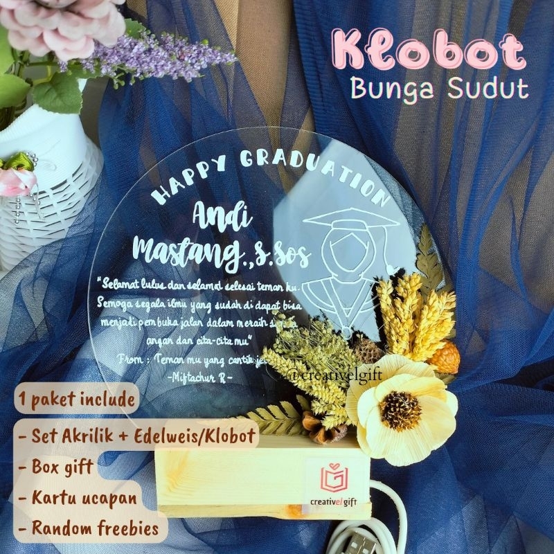 [GRAFIR] Akrilik Gift Bunga Klobot dan Edelweis/Dried Flowers Bunga Kering/Kado Akrilik Custom Bunga