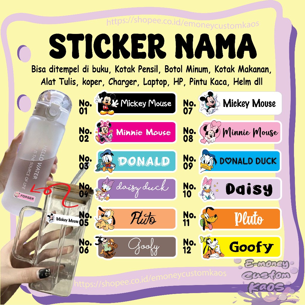 

STICKER LABEL NAMA MICKEY MOUSE TIKUS DONAL BEBEK DISNEY STIKER CUSTOM LEBEL PREMIUM MURAH LUCU BISA TEMPEL DI BUKU KOTAK PENSIL HELM BOTOL MINUM KOTAK MAKANAN ALAT TULIS KOPER LAPTOP HP PINTU KACA