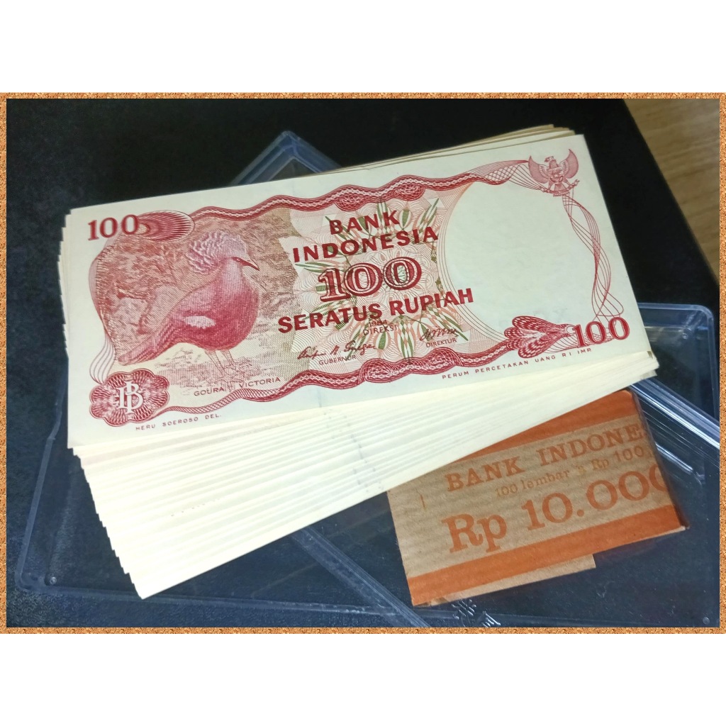 # paket 100 lembar + box akrilik - Uang kuno 100 rupiah tahun 1984 burung Goura Victoria (dara mahko