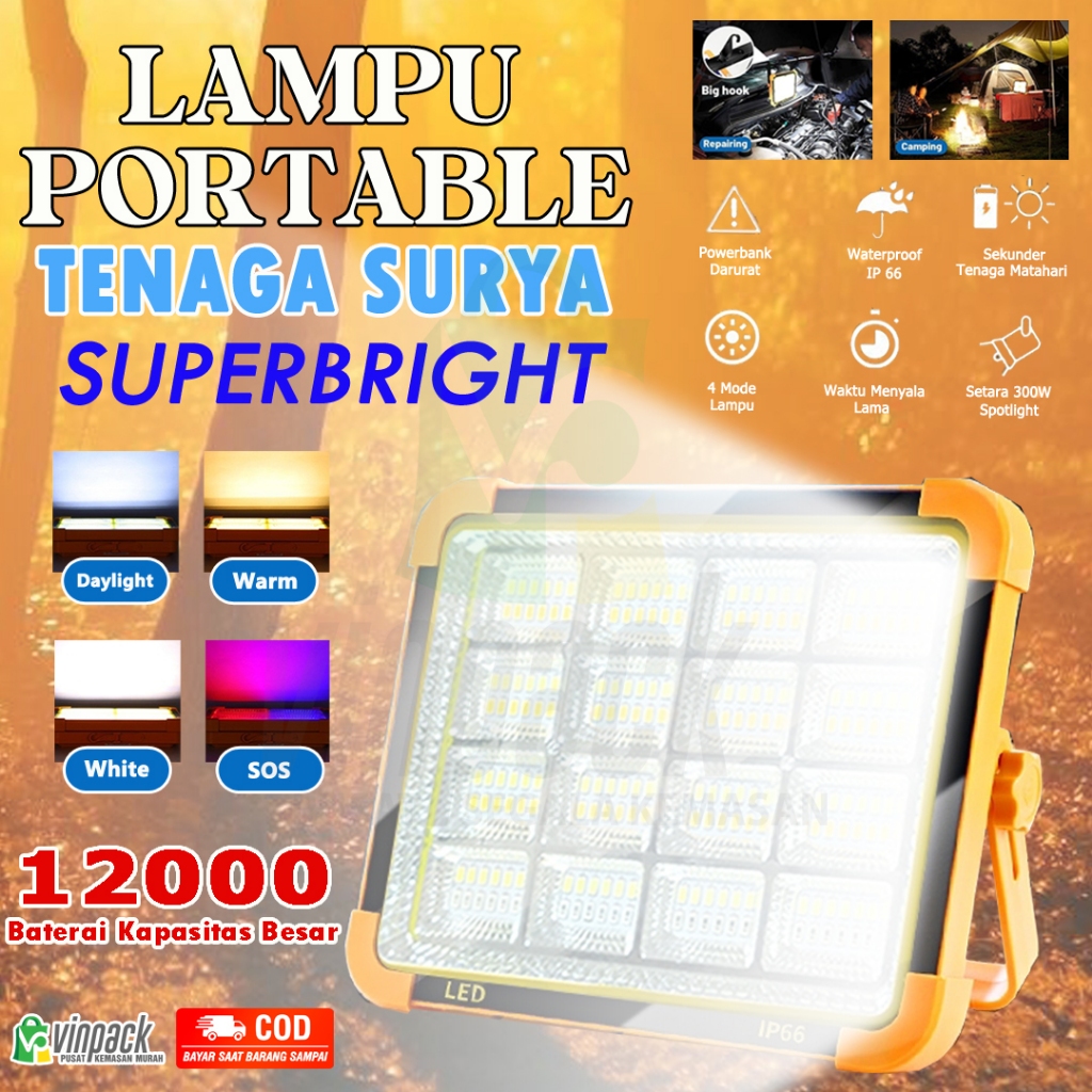 Lampu LED Solar Emergency 1500W-2000W Portable/ Lampu Emergensi Surya Outdoor Super Terang Powerbank