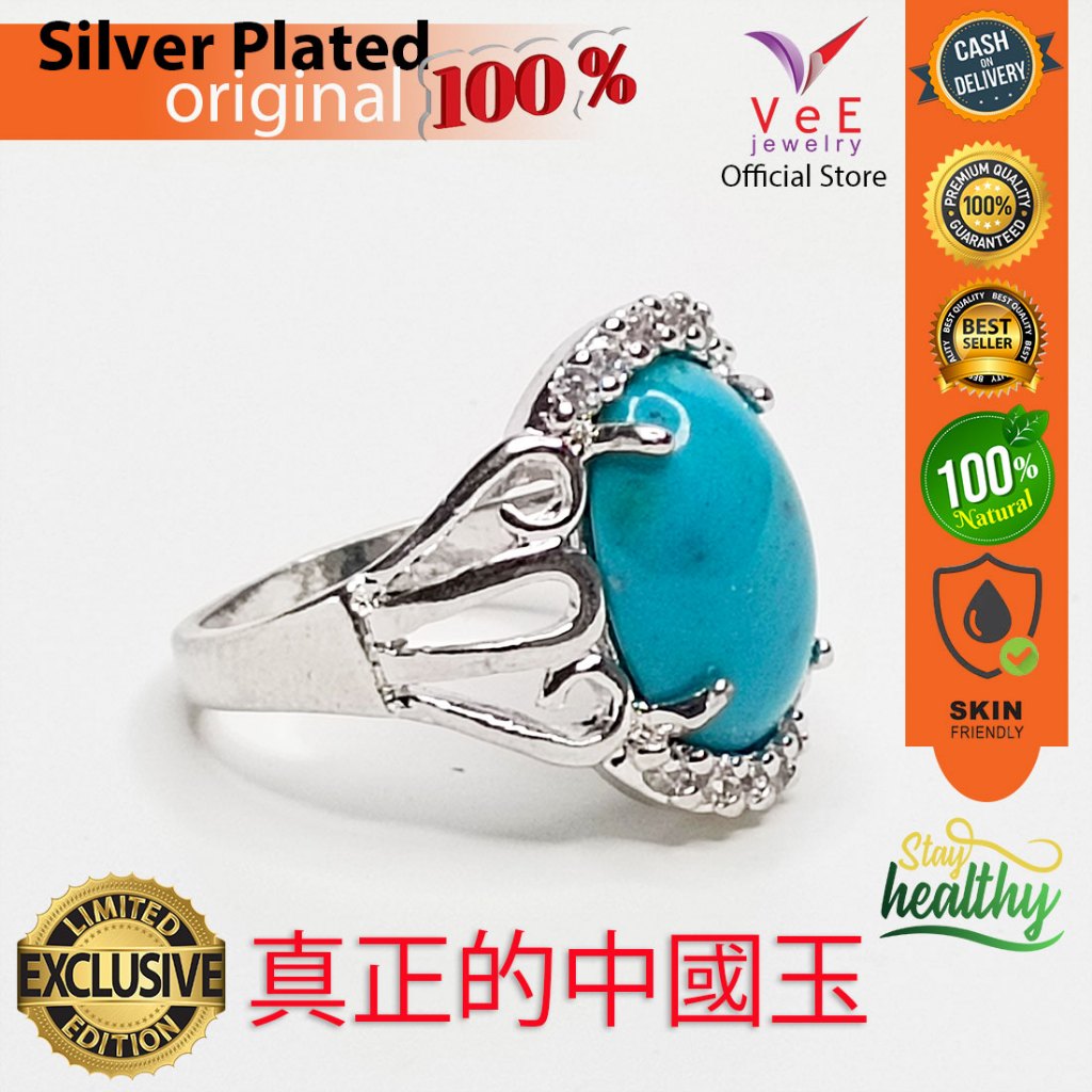 Cincin Wanita Batu Giok Biru Natural Alami Asli Cina Sterling Silver  Model 1 - VeE Jewelry Cincin P