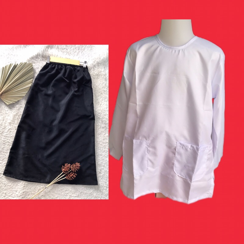 SERAGAM MUSLIMAH HITAM PUTIH SAKU POLOS UNTUK ANAK SD/TPA/MENGAJI/SANTRIWATI