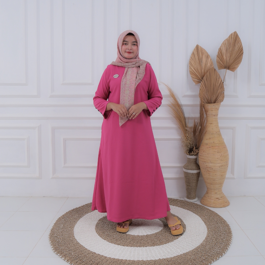 Gamis Inara Warna Pink Fanta Jumbo Lengan kancing Batwing Muat BB 50kg - 90kg Bahan Knit Premium