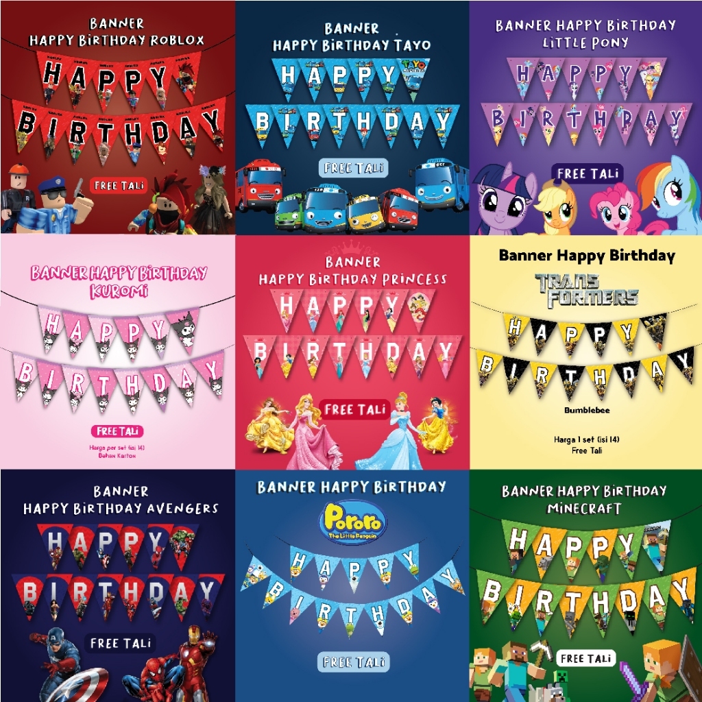 BANNER HAPPY BIRTHDAY DEKORASI ULANG TAHUN HIASAN ULTAH ANAK KARTUN PORORO MINECRAFT LEGO HOT WHEELS