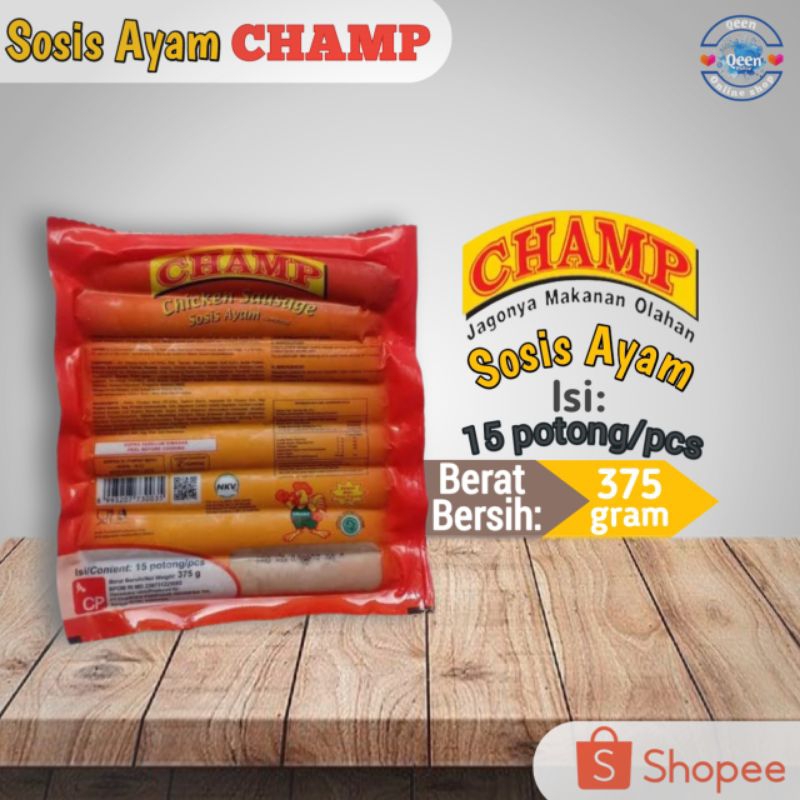 

CHAMP Sosis Ayam Isi:15 potong/pcs Berat Bersih:375 gram.