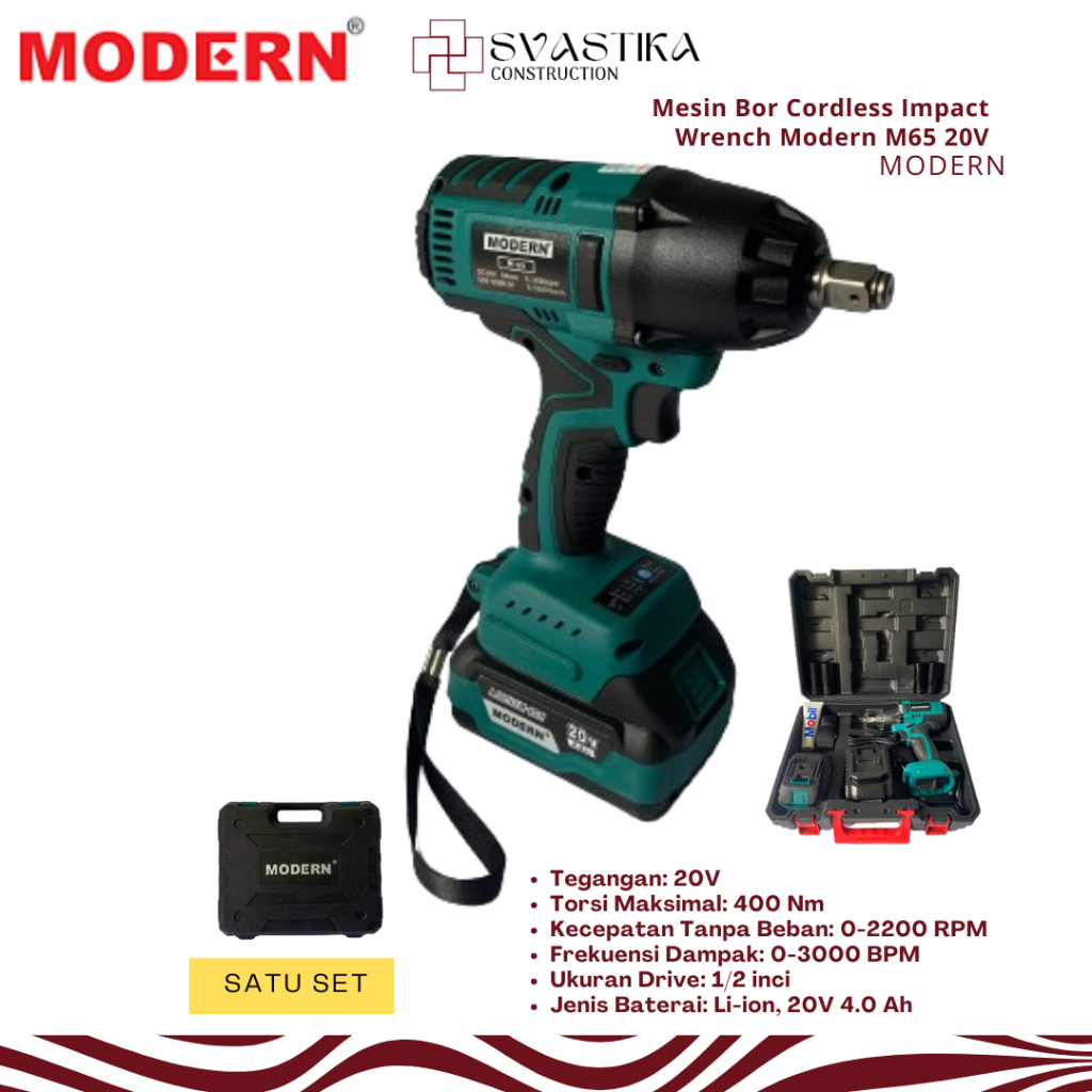 Mesin Bor Cordless Impact Wrench Modern M65 20V  Mesin Pembuka Baut Baterai Cas Bor Cas